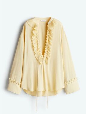 H&M Pale Yellow Pleated Ruffle V-Neck Blouse